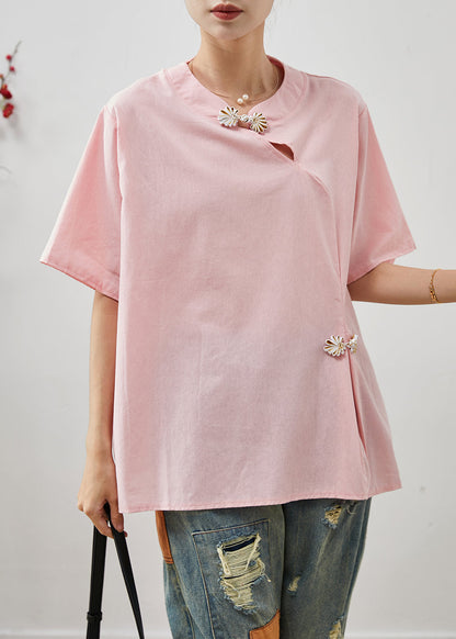 Chemise en coton à boutons chinois rose Boutique Tops été AP1075