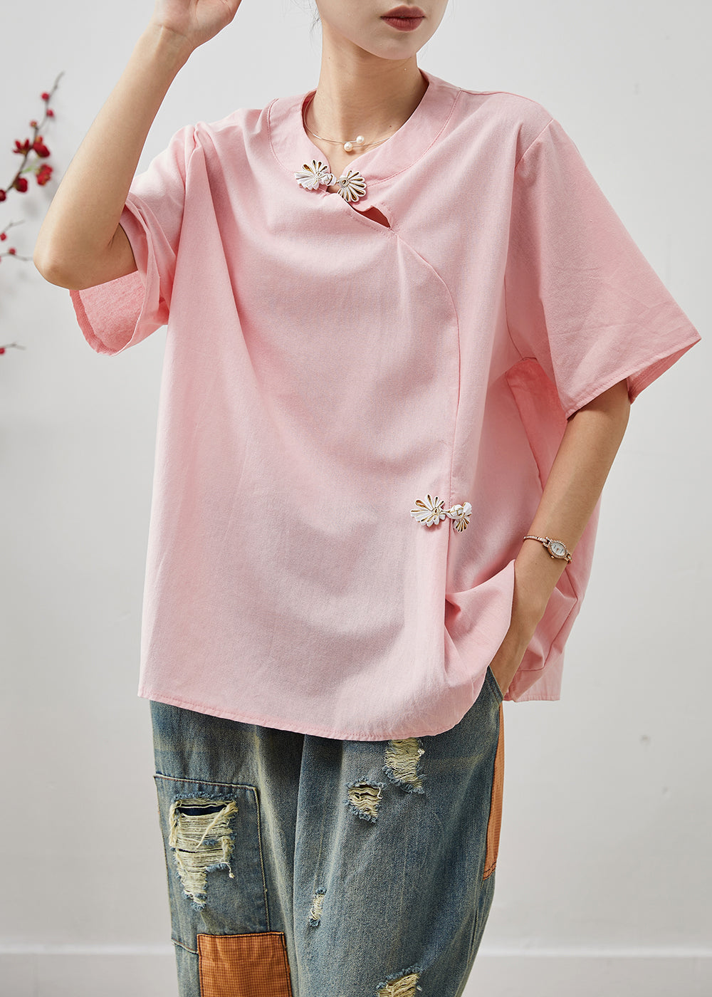 Boutique Pink Chinese Button Cotton Shirt Tops Summer AP1075