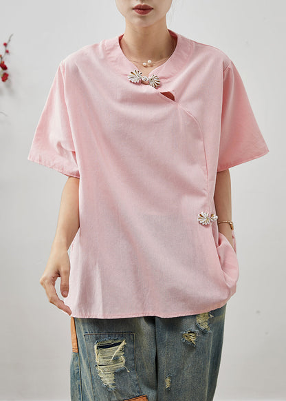 Chemise en coton à boutons chinois rose Boutique Tops été AP1075