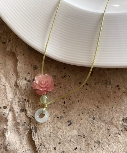 Collier pendentif lotus en jade tissé à la main rose Boutique GH1084