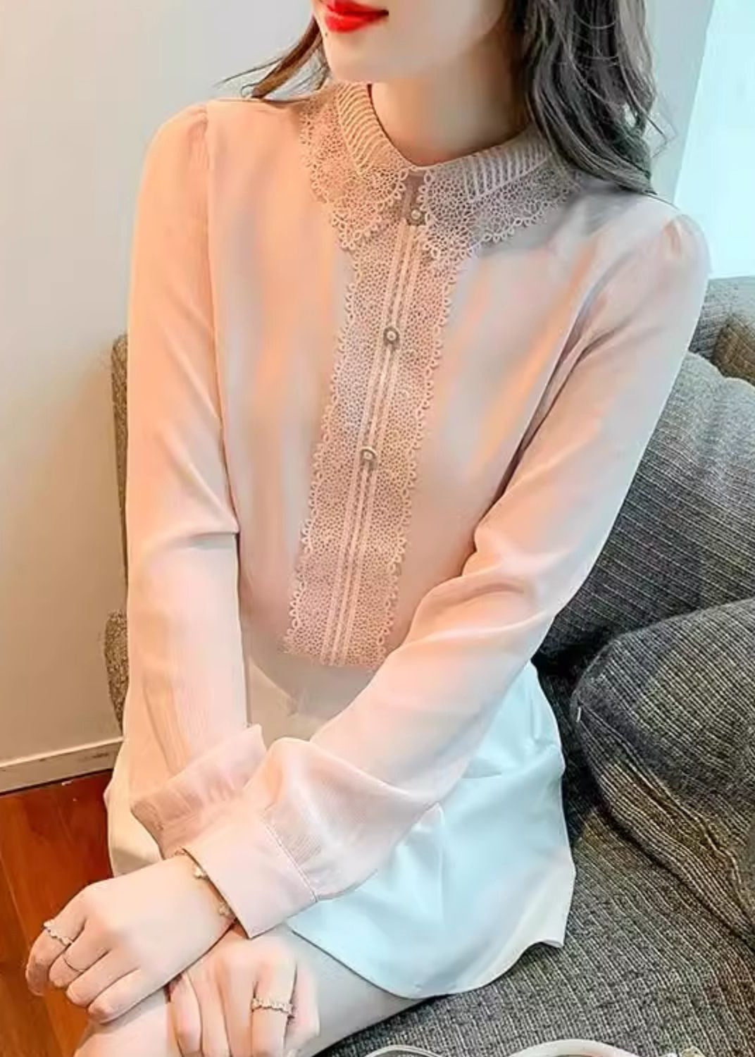 Chemise à col pan en coton rose patchwork Peter Lace