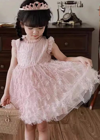 Boutique Robe mi-longue en tulle à volants rose pour enfants, patchwork, plumes, vacances, sans manches, XZ046