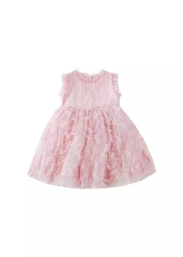 Boutique Rosa Rüschen Tüll Patchwork Kinder Urlaub Feder Mid Kleid Ärmellos XZ046