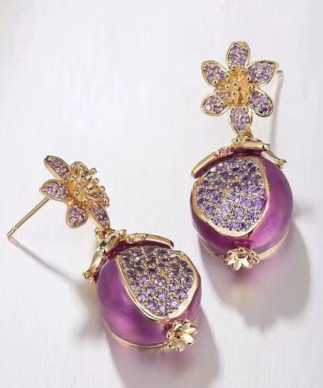 Boutique Purple Copper Zircon Drip Glaze Pomegranate Flower Drop Earrings WP015