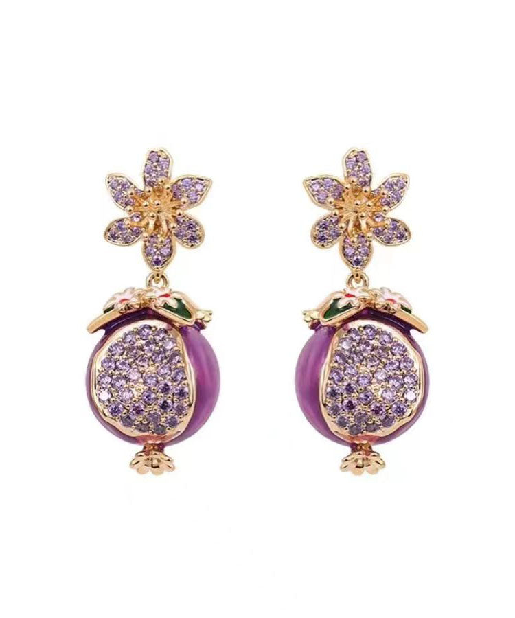 Boutique Purple Copper Zircon Drip Glaze Pomegranate Flower Drop Earrings WP015