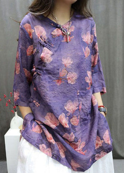 Chemise en lin à imprimé violet et boutons chinois Boutique Été AP085