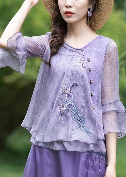 Chemisier en mousseline de soie brodé à volants violet Boutique Tops été BV056