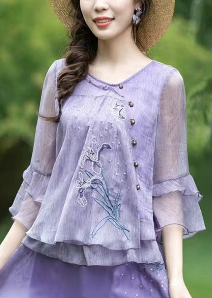 Chemisier en mousseline de soie brodé à volants violet Boutique Tops été BV056