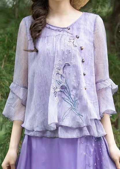 Chemisier en mousseline de soie brodé à volants violet Boutique Tops été BV056