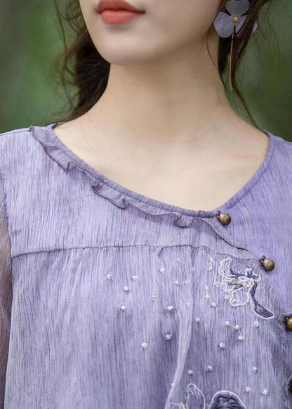 Chemisier en mousseline de soie brodé à volants violet Boutique Tops été BV056