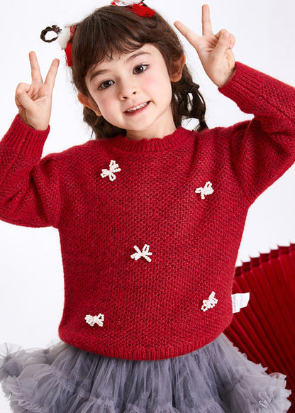 Pulls en tricot de coton avec nœud rouge pour filles Boutique Hiver WL038