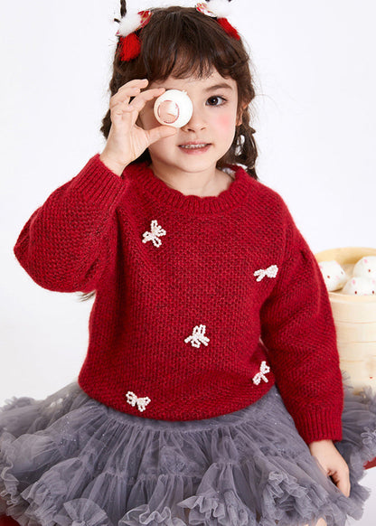 Pulls en tricot de coton avec nœud rouge pour filles Boutique Hiver WL038