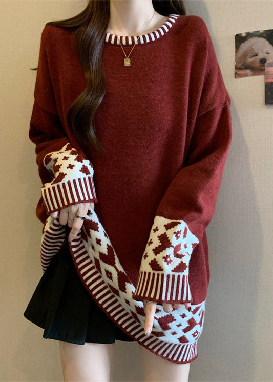 Pull en maille patchwork jacquard rouge à col rond, collection hiver RG039