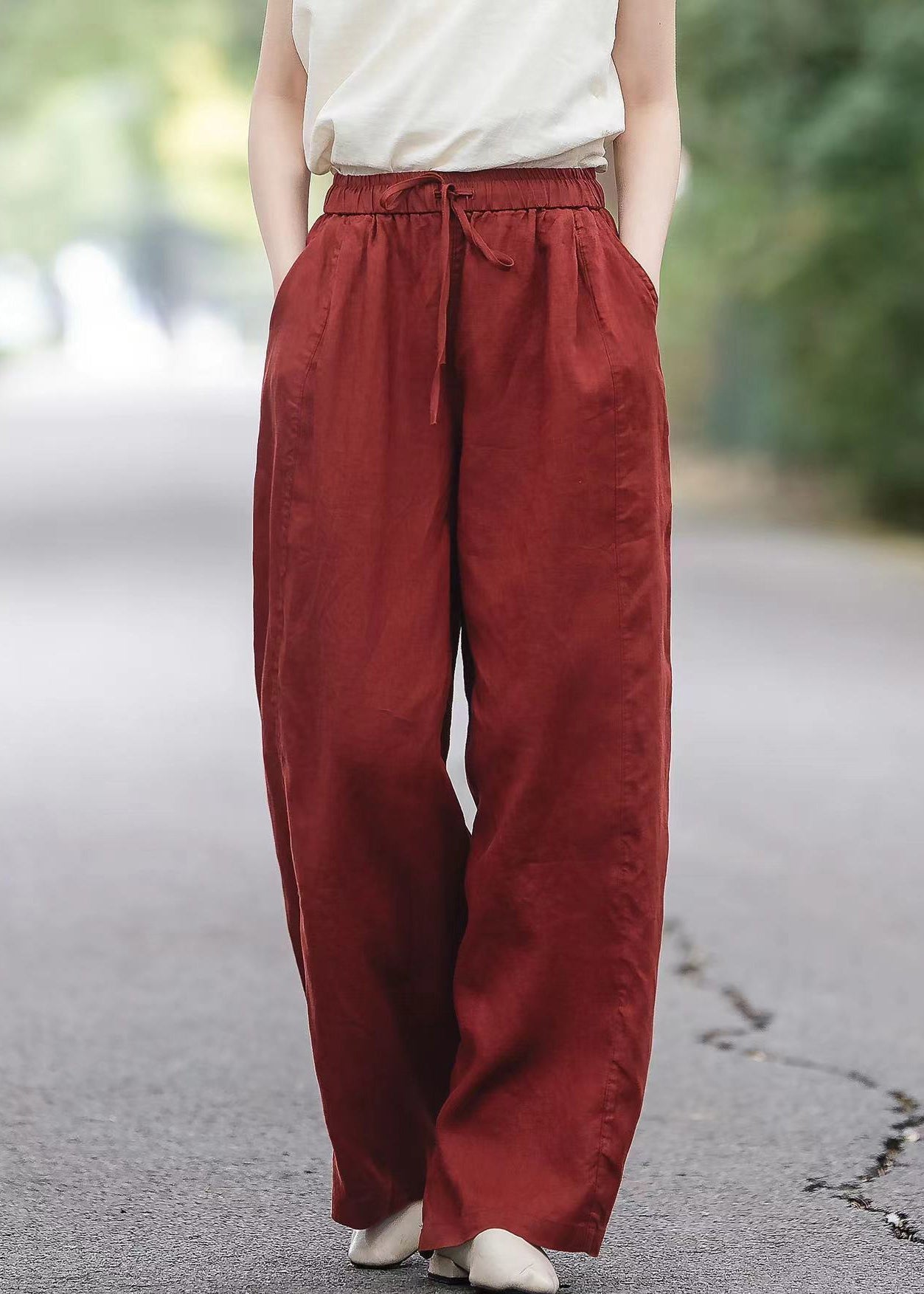 Pantalon élastique à poches, taille rouge, boutique d'été en lin