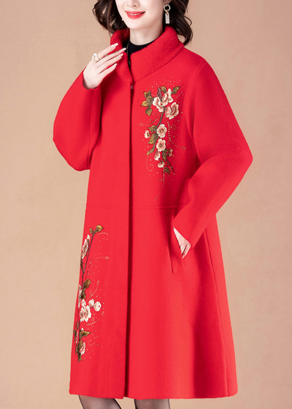 Manteau long en laine à poches imprimées rouges Boutique Printemps TA034