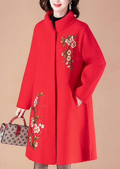 Manteau long en laine à poches imprimées rouges Boutique Printemps TA034