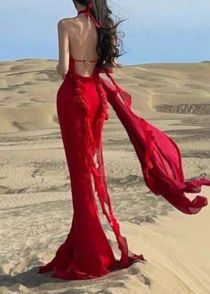 Kleid Sexy Rot Boutique Lange Sommer Rückenfrei Neckholder Rüschen