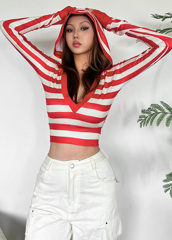 Boutique Red Striped V Neck Hooded Cotton T Shirt Tops Fall AL1076