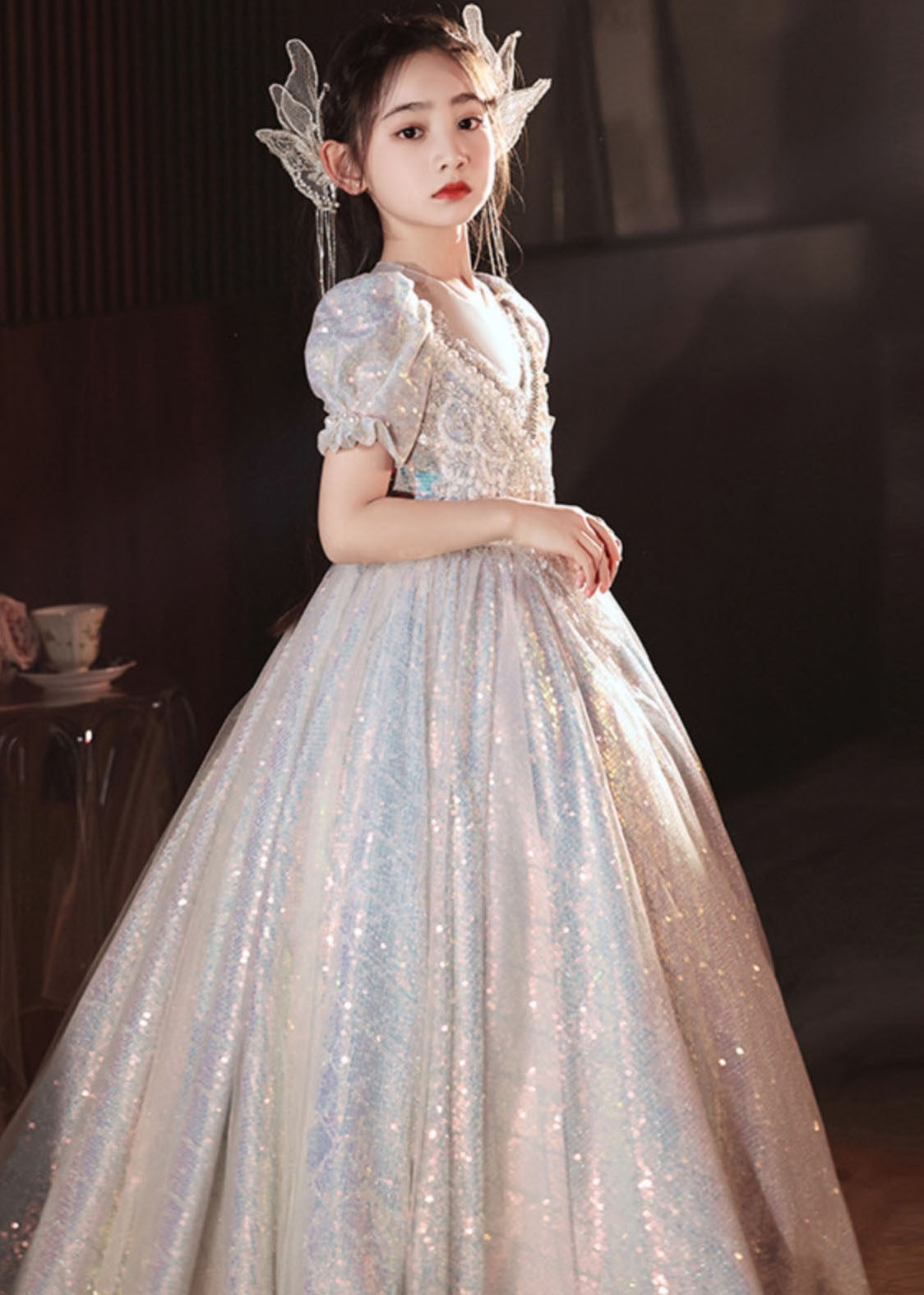 Boutique Silver Nail Bead Tulle Patchwork Girls Vacation Long Dresses Summer QV024