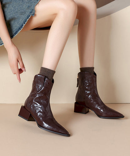 Boutique Splicing Chunky Boots Brown Cowhide Leather Pointed Toe RS013