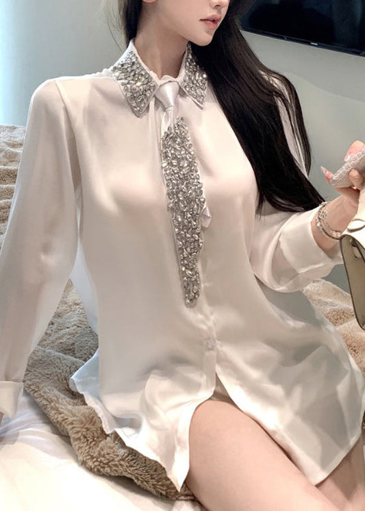 Chemise blanche en soie et zircon à col Peter Pan, collection Printemps YF011
