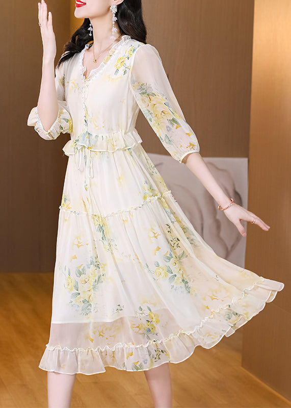 Boutique White V Neck Ruffled Print Chiffon Dresses Summer BB011