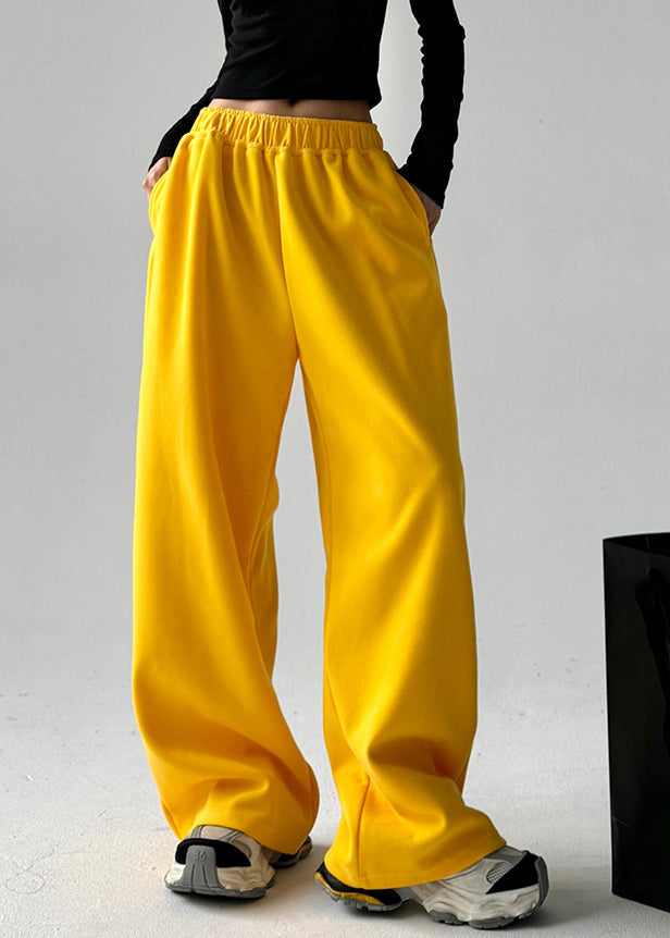 Boutique Yellow Elastic Waist Pockets Solid Pants Spring TA041