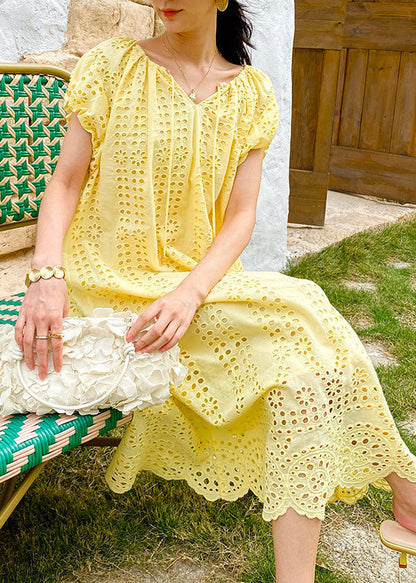 Gestrickte Boutique O-Ausschnitt Aushöhlen Gelbes Kleid Baumwolle Lange
