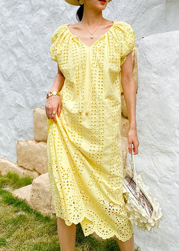 Gestrickte Boutique O-Ausschnitt Aushöhlen Gelbes Kleid Baumwolle Lange