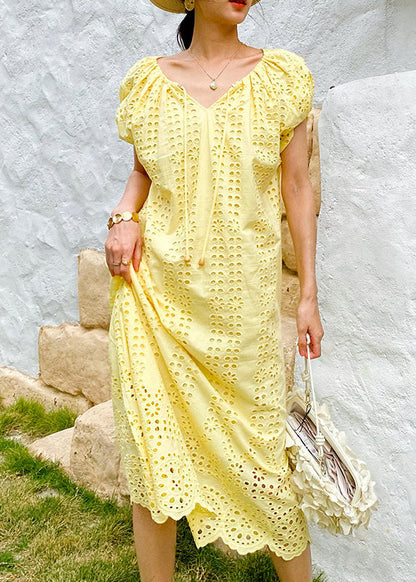 Gestrickte Boutique O-Ausschnitt Aushöhlen Gelbes Kleid Baumwolle Lange