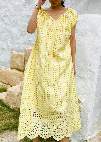 Gestrickte Boutique O-Ausschnitt Aushöhlen Gelbes Kleid Baumwolle Lange