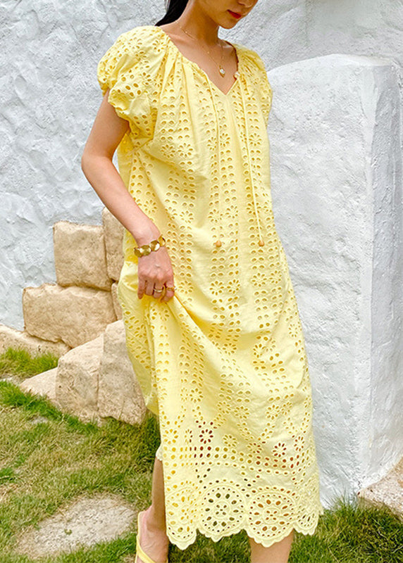 Gestrickte Boutique O-Ausschnitt Aushöhlen Gelbes Kleid Baumwolle Lange