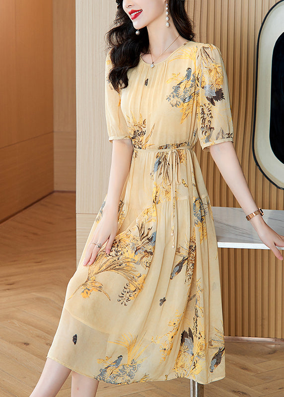 Wrinkled Summer Dress Yellow Up Silk O Neck Print Lace Boutique