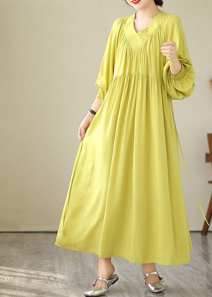 Robe longue jaune à col en V et manches bouffantes Boutique VB1009