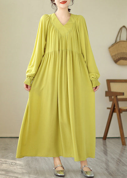 Robe longue jaune à col en V et manches bouffantes Boutique VB1009