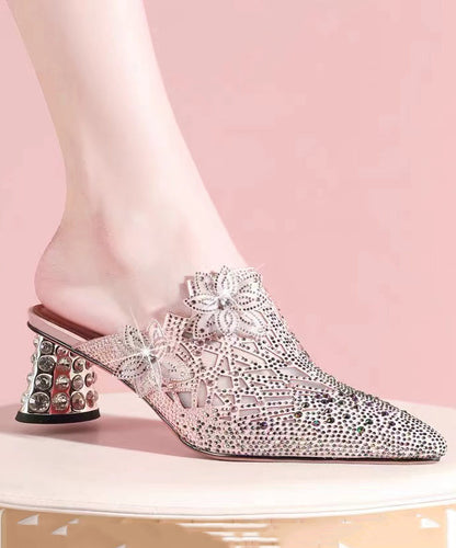 Sandales à talon épais et bout pointu en peau de mouton rose avec épissure de zircon Boutique CZ1040