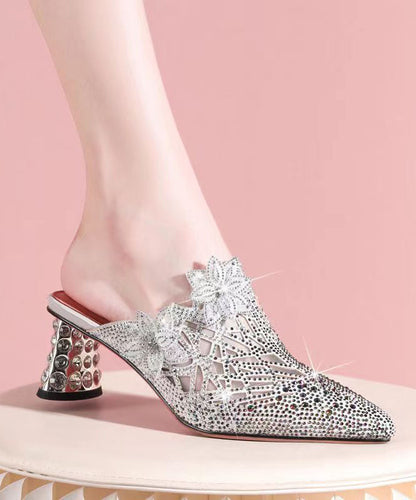 Sandales à talon épais et bout pointu en peau de mouton rose avec épissure de zircon Boutique CZ1040