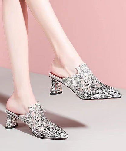 Sandales à talon épais et bout pointu en peau de mouton rose avec épissure de zircon Boutique CZ1040