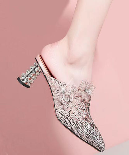 Sandales à talon épais et bout pointu en peau de mouton rose avec épissure de zircon Boutique CZ1040