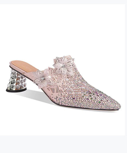 Sandales à talon épais et bout pointu en peau de mouton rose avec épissure de zircon Boutique CZ1040