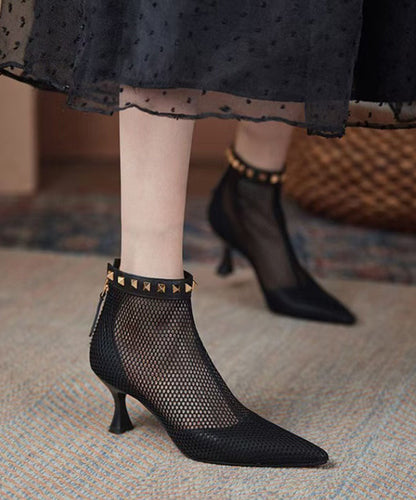 Boots Breathable Black Rivet Pointed Mesh Toe Splicing