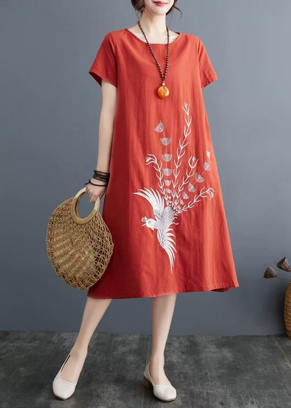 Besticktes Kleid Sommer Ziegel Leinen Rot Tag