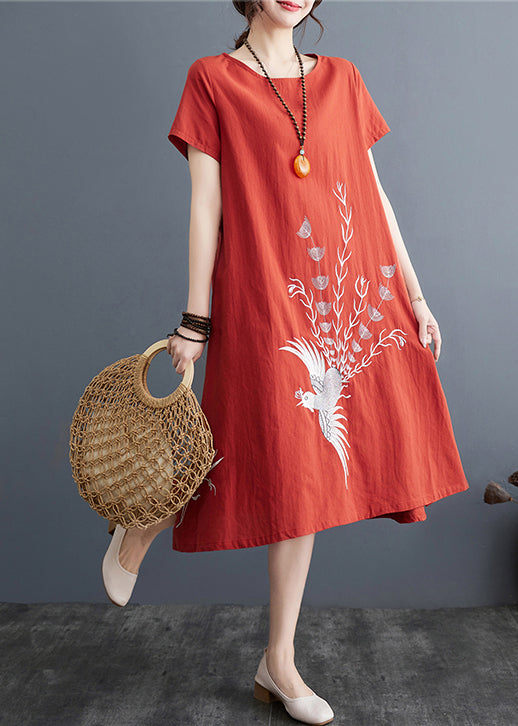 Besticktes Kleid Sommer Ziegel Leinen Rot Tag