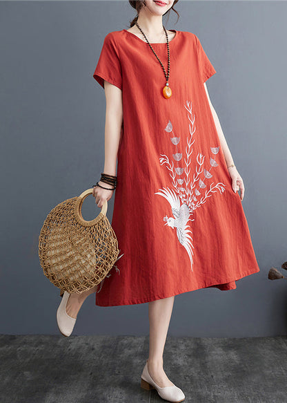 Besticktes Kleid Sommer Ziegel Leinen Rot Tag