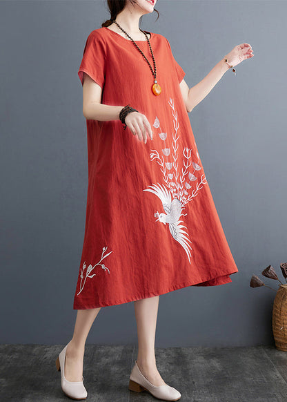 Besticktes Kleid Sommer Ziegel Leinen Rot Tag