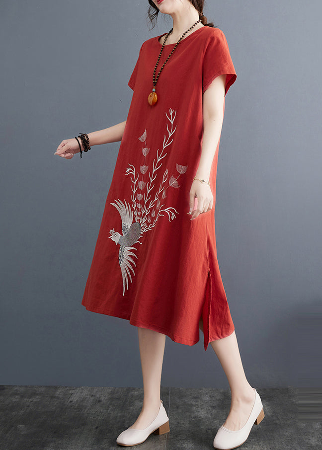 Besticktes Kleid Sommer Ziegel Leinen Rot Tag