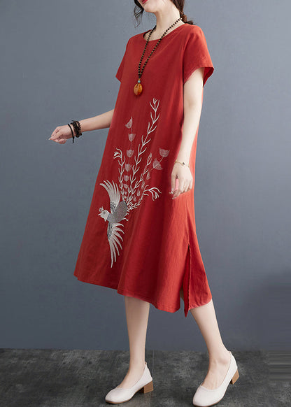 Besticktes Kleid Sommer Ziegel Leinen Rot Tag