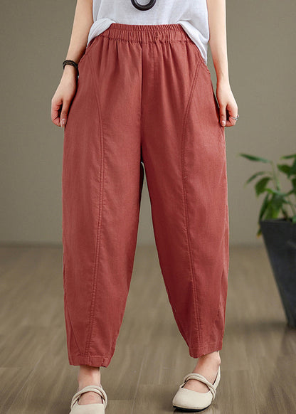 Pantalon en coton à poches rouge brique taille élastique automne QO052