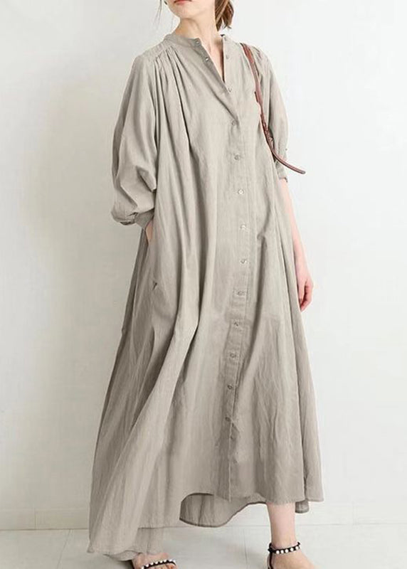 Brief Apricot Stand Collar Low High Design Maxi Shirt Dress Puff Sleeve VB1090