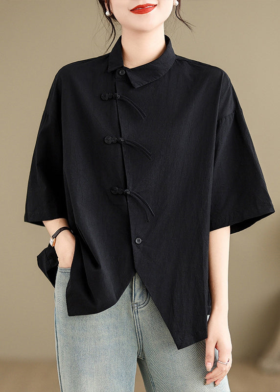 Brief Black Peter Pan Collar Button Shirts Summer UU029